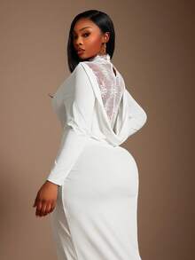 SHEIN SXY Plus Size Elegant Gorgeous Glamorous Sexy Sheer Lace Patchwork Backless High Slit Long Sleeve Dress, Suitable For Prom, Ball, Cruise Attire, Valentine's Day - White - View 2