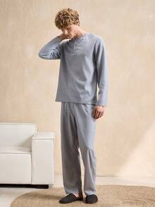 EverLounge Men's Casual Henley Neck Loungewear Set, Autumn/Winter - Grey - View 1