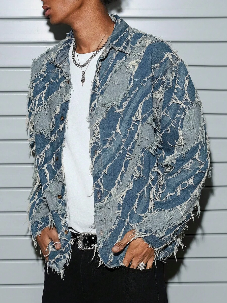 Manfinity EMRG Men's Fashion Long Sleeve Loose Denim Jacquard Jacket Jackets For Men Y2k - Medium Wash - View 1