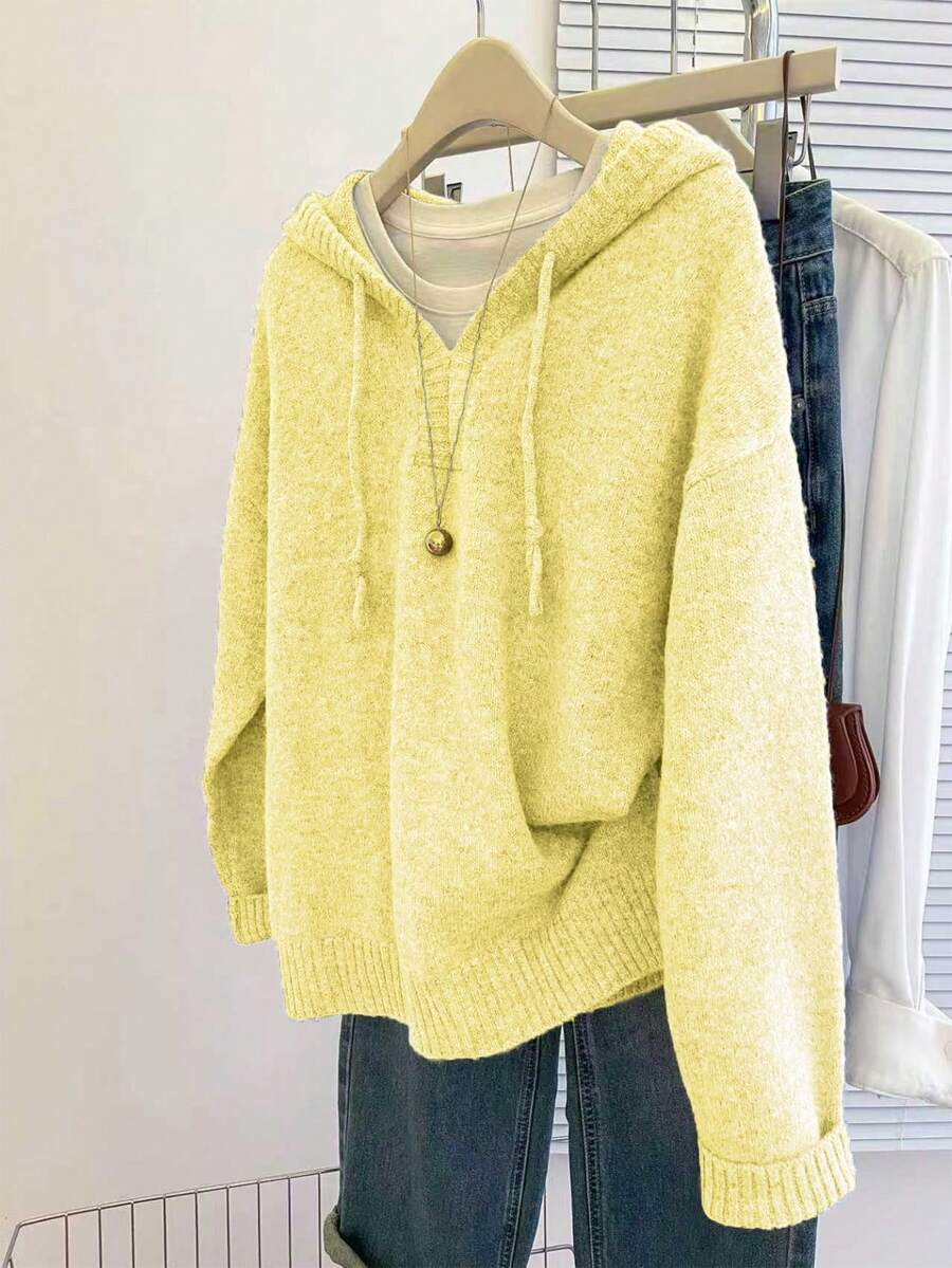 SHEIN Franclia 女士休闲宽松连帽长袖基础款灰色针织套头毛衣，秋冬季 - 淡黃色 - 查看 1