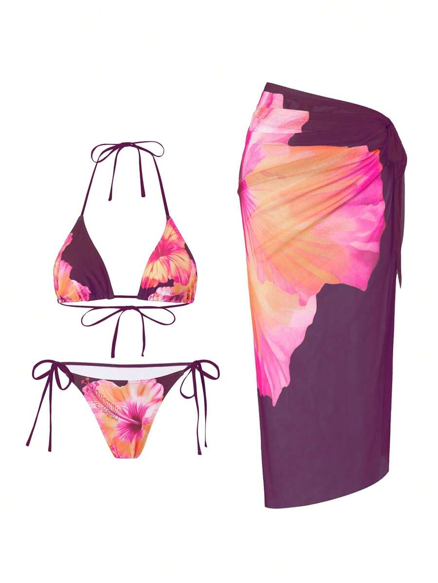 Swim Oasis 3件套女士夏季海滩度假休闲套装，印花比基尼套装和网纱系带沙滩裙，波西米亚风泳装 - 彩色 - 查看 1