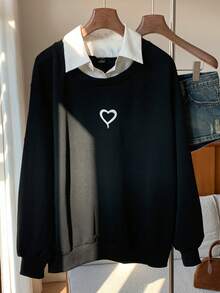 Comfortcana Colourblock Heart Print Contrast Collar Sweatshirt - Black - View 4