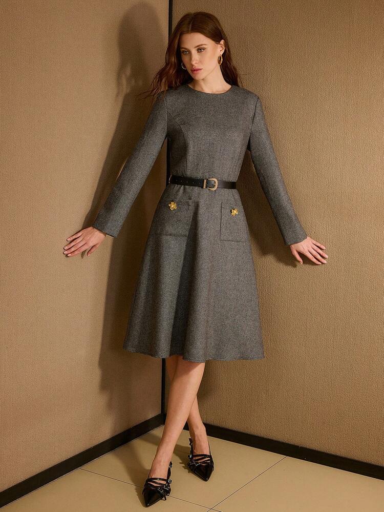 WOOL BUTTON DECOR DRESS