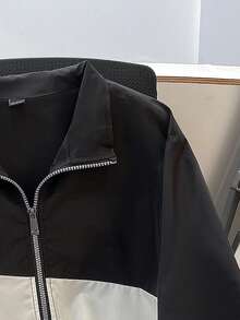 Manfinity Joysei Men Colorblock Drawstring Zipper Placket Long Sleeve Outdoor Windbreaker Jacket, Basic, Going Out, Boyfriend Gift, Fall - Black - View 4