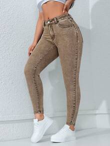 SHEIN PETITE Jeans vaqueros de mujer de corte slim con lavado casual - Marrón - Ver 4