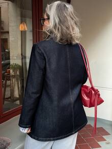 Vivie Lora Veste en jean décontractée à col cranté et double boutonnage pour femmes, automne - Bleu marine - Voir 4