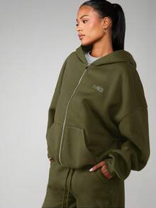 MISSGUIDED Hotfix Rhinestone Zip Through Hoodie With Centre Pocket And Drawstring Hood For Casual Everyday Wear - Khaki - View 6