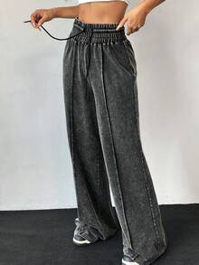 SHEIN 少女休闲做旧水洗黑灰色高腰阔腿运动裤