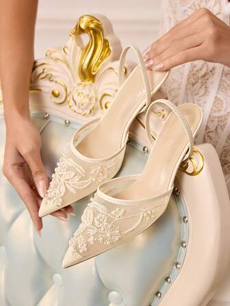 CUCCOO HITCHD Tacones altos elegantes con decoración de flor y perla falsa de punta fina para mujer