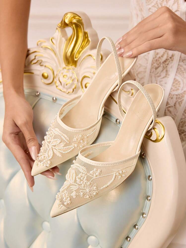 CUCCOO HITCHD Women's Pointed Toe Faux Pearl Flower Decor Elegant High Heels For Christmas Valentine's Day Elegant Shoes Wedding Shoes Summer Shoes Bride Shoes