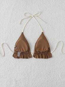 Swim Mod Women's Contrast Color Halter Neck Bikini Top - Coffee Brown - View 4