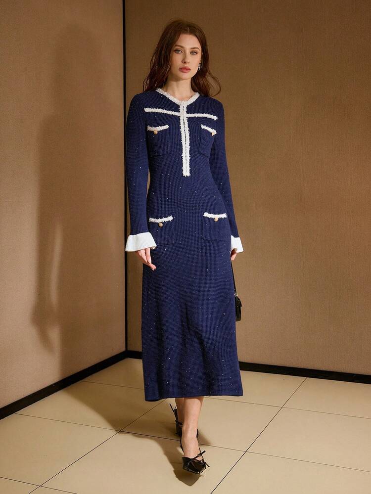 CONTRAST BINDING POCKET SLIM FIT SWEATER DRESS