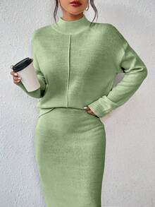Chiquease 女士休闲针织毛衣和裙子两件套 - 薄荷綠 - 查看 6