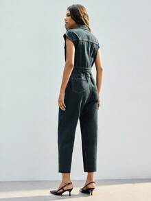 Maija Bộ jumpsuit denim nữ tay ngắn cài cúc nửa thân, kiểu dáng thường ngày, trang phục công sở thanh lịch, thích hợp cho ngày lễ tình nhân, tiệc tùng hoặc các dịp lễ hội. - Rửa tối - Xem 2
