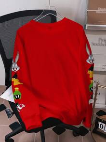 LOONEY TUNES X SHEIN 男士圆领长袖舒适休闲卡通字母印花套头衫，秋冬 - 白色 - 查看 2