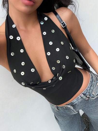 Aloruh Women's New Sexy Vacation Style Sequin Patchwork Backless Halter Neck Top