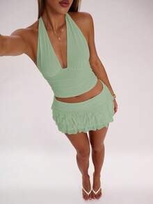 SHEIN BAE Women's Solid Color Multi-Layer Mesh Ruffle Design Casual Versatile Mini Skirt - Mint Green - View 4