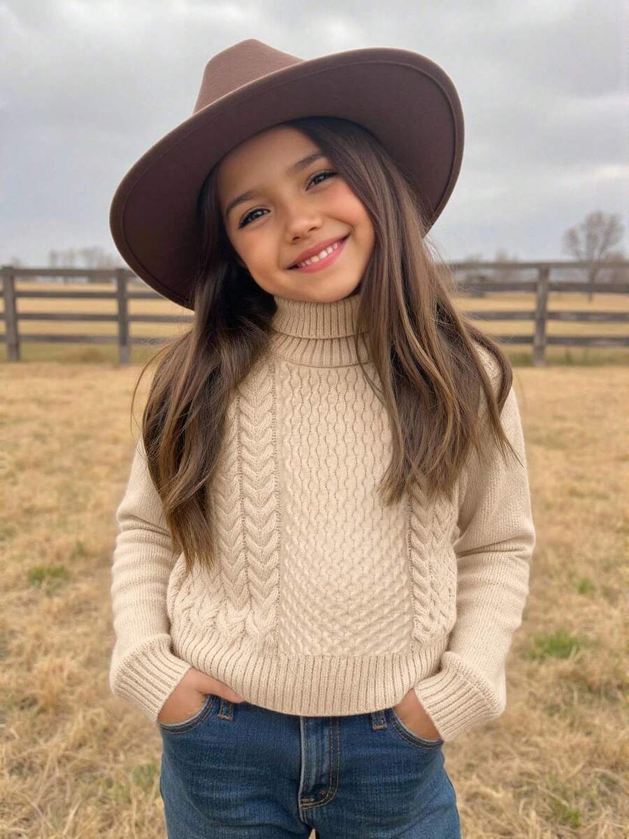 SHEIN Emery Rose Kids 女童纯色麻花针织高领毛衣,秋冬季,高领长袖针织毛衣,女童休闲不对称下摆套头衫,柔软保暖,适合冬季穿着,可爱复古,适合圣诞节,非常适合秋冬季休闲日常穿着和上学穿着,温暖舒适的长袖,非常适合休闲日常穿着和上学穿着,适合家庭度假穿着。 - 米色 - 查看 1