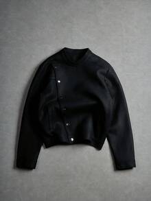 PAVTROS INS Design Plus Size Men's Asymmetrical Button Jacket, Stylish Stand Collar Outerwear, Versatile Top With Diagonal Button Elements, Suitable For Outdoor Casual Wear, Great Gift For Husband, Boyfriend, Or Relatives Crop Top Jacket Black Varsity Jacket Jacket Men Black Jacket - Black - View 3