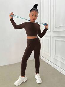 SHEIN 少女纯色露背运动套装，青少年女孩运动服，年轻女孩紧身裤套装，适合日常、户外、休闲运动 - 棕色 - 查看 6