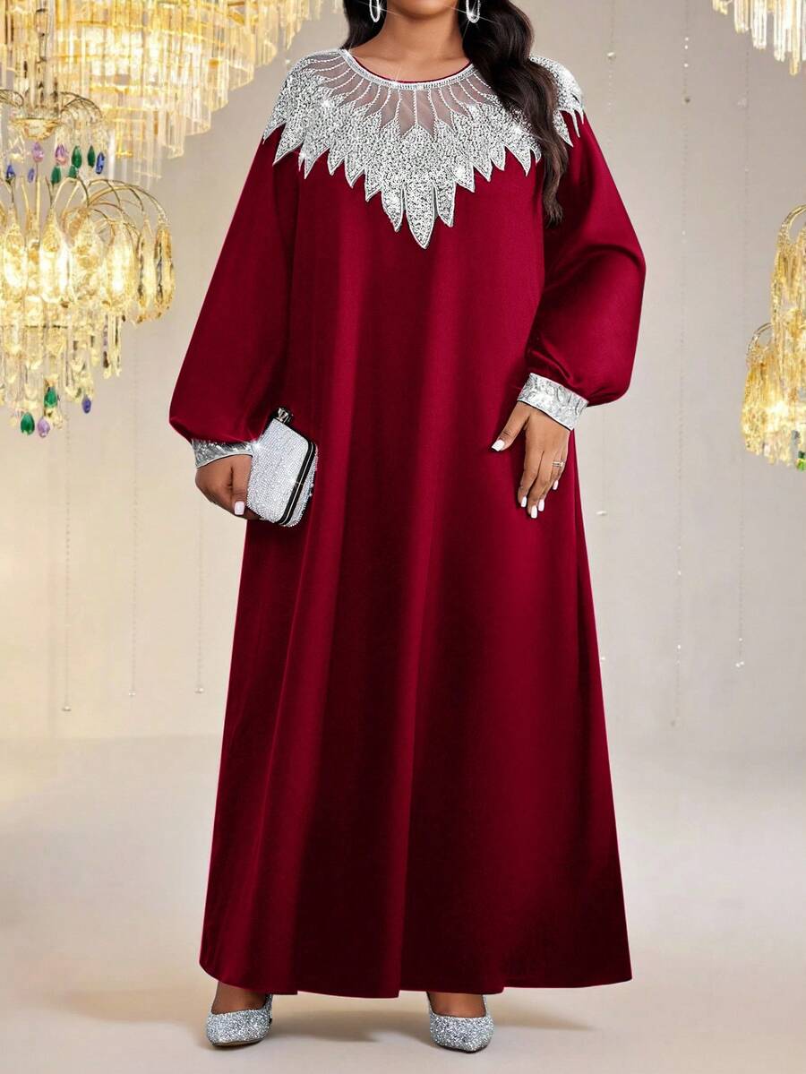 SHEIN Lady New Plus Size Elegant Party Sequin Embellished Red Dress Winter Clothes For Women Long Summer Dress For Women Spring Summer Dress Valentine's Day Party Dress Birthday Dress Casual Dresses Sequin Dress Sparkly Dress - Burgundy - View 1