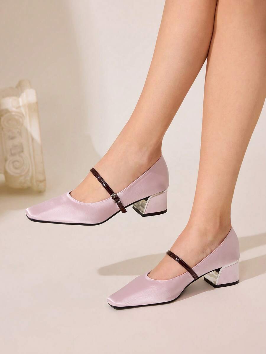 CUCCOO CHICEST Sepatu hak tinggi model slip-on satin ujung persegi vintage untuk wanita, cocok untuk Natal. - Berwarna merah muda - View 1