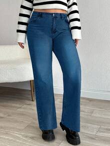 EURMUSE JEAN RECTO DE TALLA GRANDE CON DOBLADILLO DESHILACHADO DE TIRO ALTO - Azul - Ver 4
