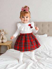 SHEIN Christmas Baby Girl Outfit 2pcs Baby Girl Spring/Autumn Knitted White Long Sleeve Top + Red Plaid Skirt Set Fall Winter - Multicolor - View 1
