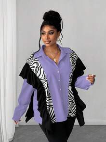 Maweii 大码女式拼接斑马纹荷叶边单排扣宽松休闲衬衫 - 淡紫色 - 查看 1