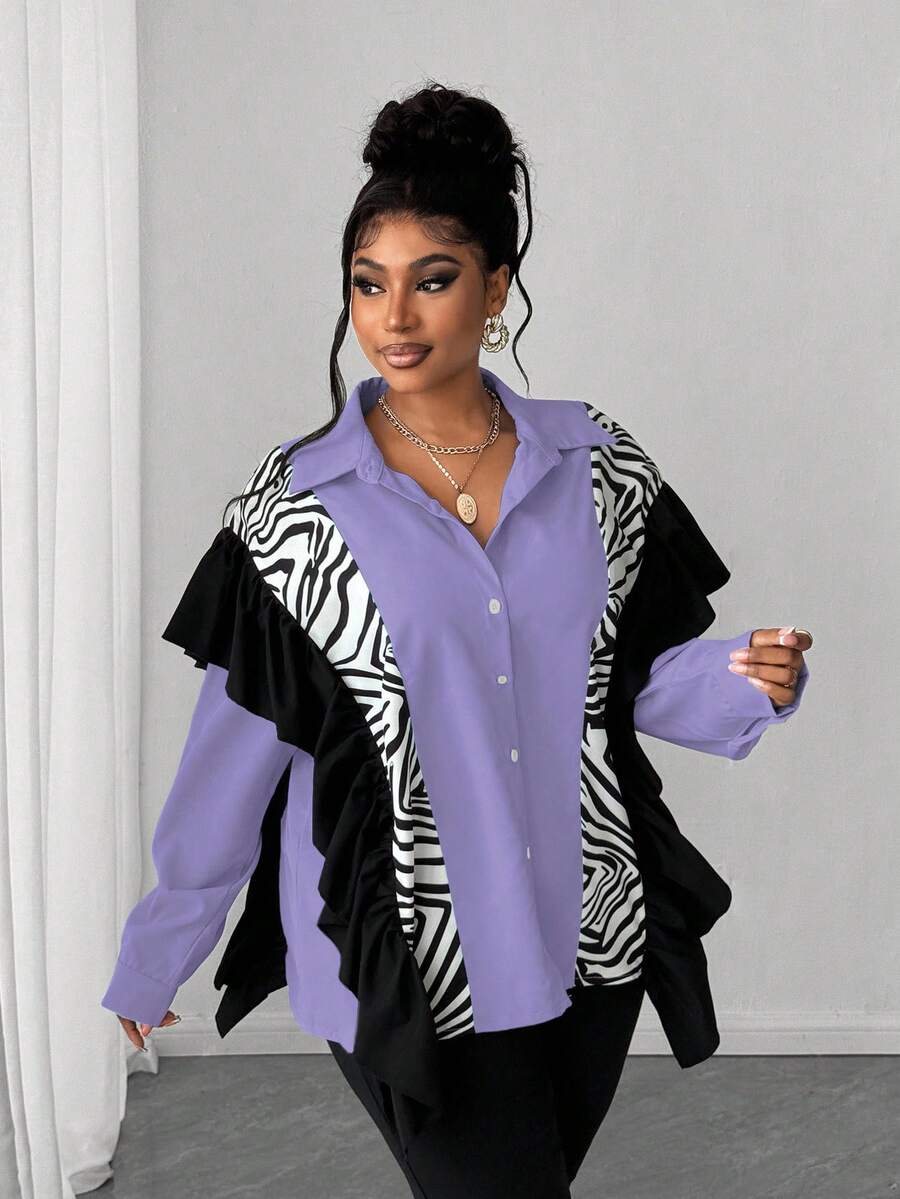 Maweii 大码女式拼接斑马纹荷叶边单排扣宽松休闲衬衫 - 淡紫色 - 查看 1
