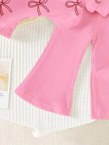 SHEIN Playful Pals 2件組女嬰0-3歲可愛秋季粉色圓領櫻桃印花運動衫搭配純色喇叭褲套裝，時尚戶外家庭穿搭 - 彩色 - 查看 5