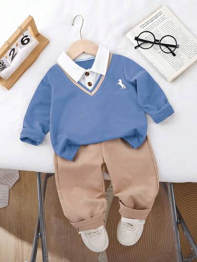 Souflis Souflis 1 pieza Conjunto de niño, suéter de polo de manga larga tejido cómodo 2 en 1 para niños, parte superior con diseño de estampado de pecho elegante y con estilo para niños pequeños, combinado con pantalones casuales holgados de cintura elástica color caqui, adecuado para ocasiones de otoño como vacaciones, uso diario, etc.