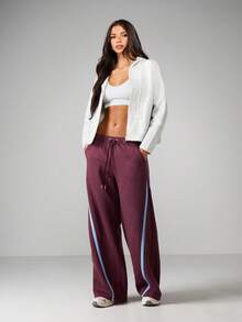 MISSGUIDED Quần thể thao ống rộng kẻ sọc tương phản dành cho nữ, quần thể thao dây rút thoải mái, dáng rộng, phong cách Palazzo - màu nâu - Xem 3