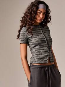 AiiRZ Short Sleeve Button Front Knit Top With Horizontal Stripes And Round Neckline For Casual Everyday Wear - Dark Grey - View 4