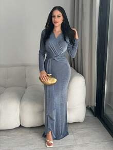 Modelyn 女士纯色交叉裹身长袖收腰优雅连衣裙 - 灰藍色 - 查看 7