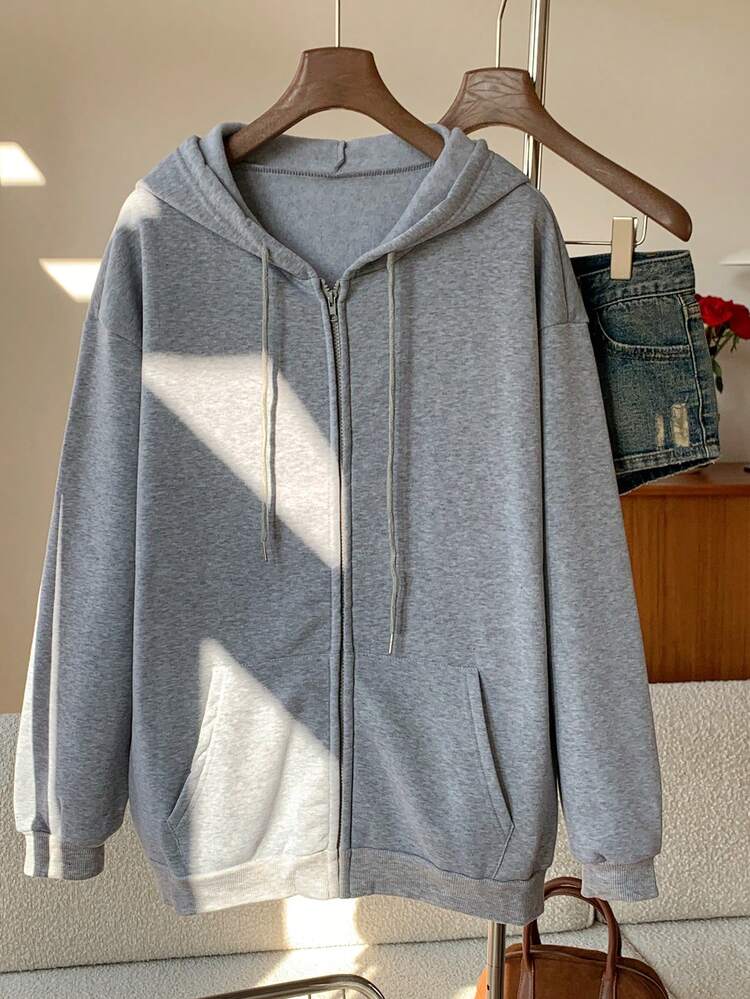 Solid Zip Up Drawstring Hooded Sweatshirt,Long Sleeve Tops Graduation,Back To School Outfits,Graduation,Teacher Outfits For Women,Back To School In Fall/Winter