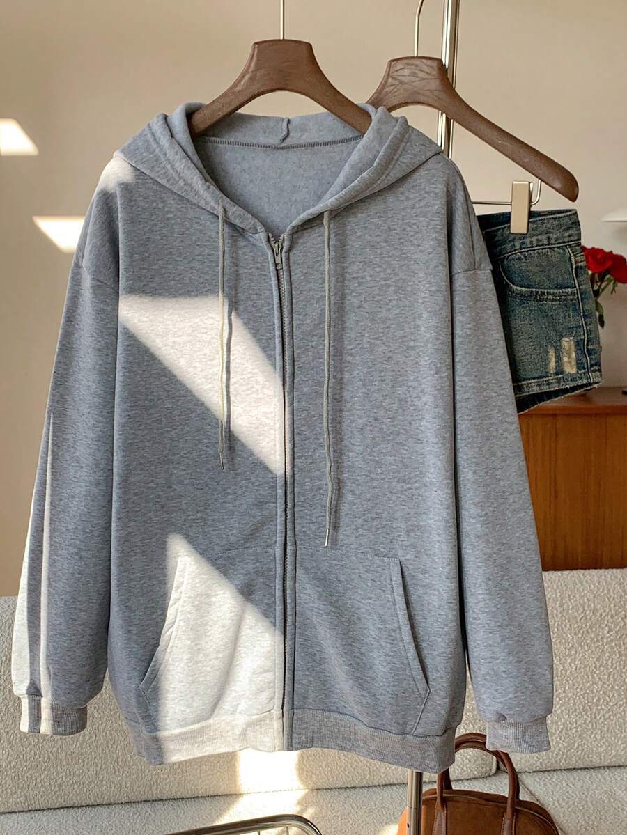 SHEIN EZwear 纯色拉链抽绳连帽卫衣，长袖上衣，适合毕业季、返校季、毕业典礼、教师节等场合，秋冬季返校季必备单品 - 淺灰色 - 查看 1