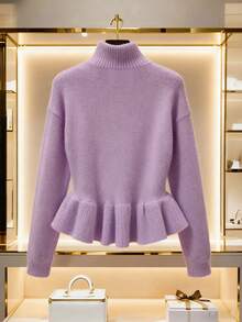 Franclia Áo len cổ cao hở vai, viền bèo nhún thường ngày cho nữ, Thu/Đông - Màu tím - Xem 2