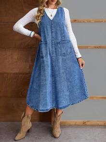 EMERY ROSE Váy liền quần denim thiết kế túi rộng thoải mái cho nữ, mùa thu - Màu xanh lam - Xem 4