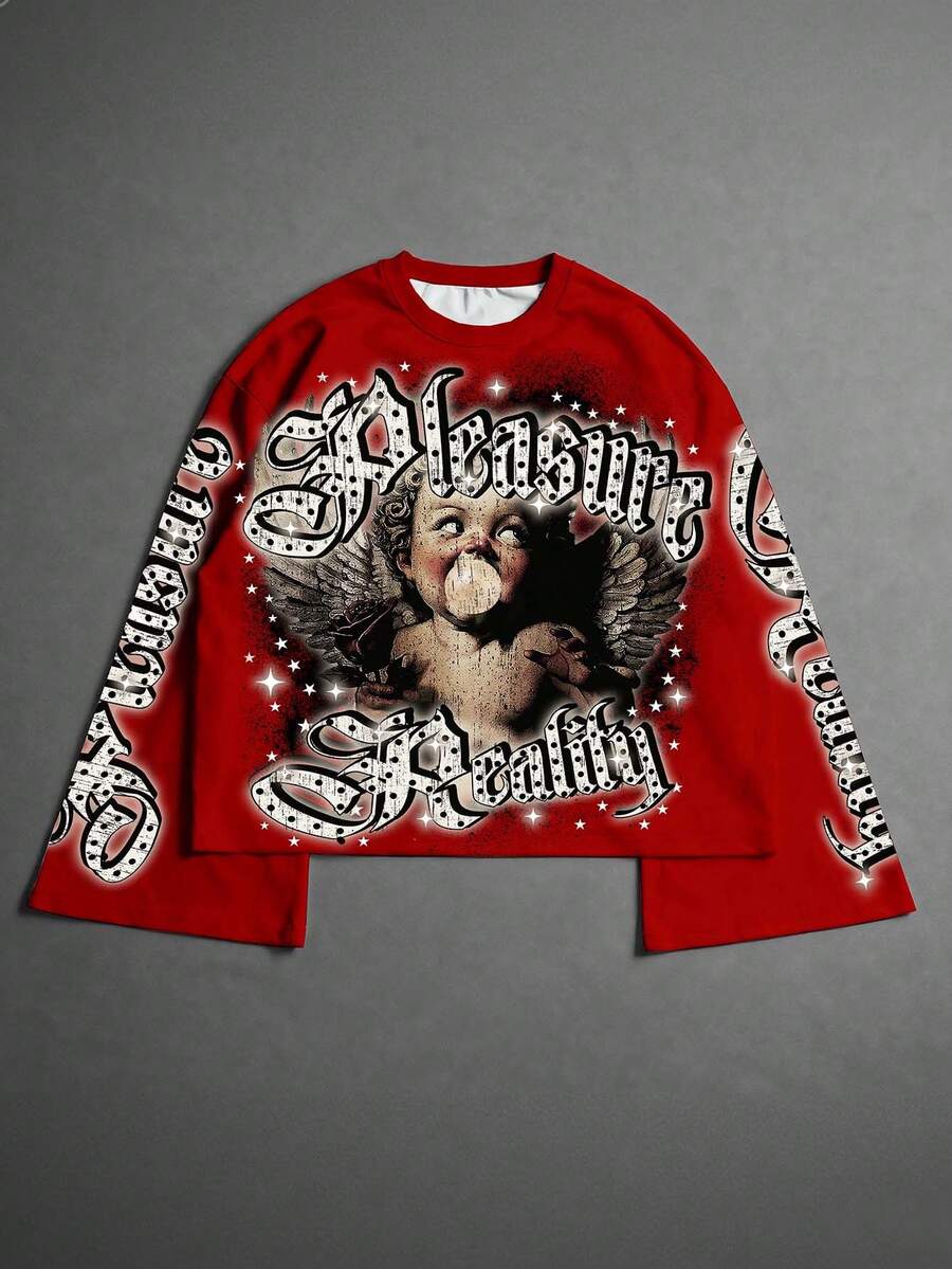 PAVTROS Men's Street Style Long Sleeve T-Shirt With Digital Printing Of Angel Blowing Bubble Gum Design - Red - View 1