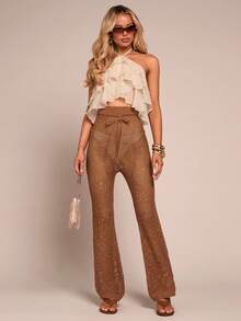 Glamine Damen Hose mit elastischem Bund, Schleife und Pailletten Dekor, modische gestrickte Weite Hose - Braun - Übersicht 5