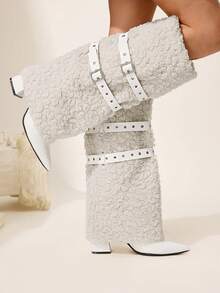 CUCCOO CHICEST Women's Pointed Toe Buckle Design Faux Fur Tall Boots For Christmas - White - View 5