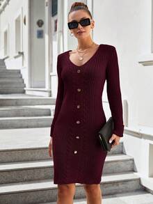 EURMUSE Women's Elegant Solid Color Fitted Knit Dress, Suitable For Commuting, Autumn/Winter Office Going Out Burgundy - Burgundy - View 3