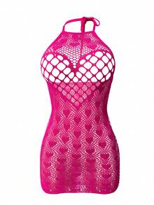 SHEIN 1件装女士露背吊带性感网纱连衣裙 - 玫紅色 - 查看 5