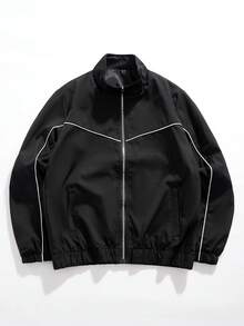 StoneGrade Jaqueta Corta-Vento Casual Masculina de Moda de Rua com Zíper, Gola Padre e Detalhe em Pesponto Contrastante, Outono - Preto - Visão 8
