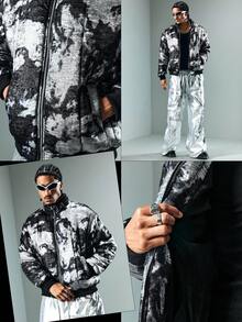 ROMWE MEN Street Life 男士时尚拉链深色纹理长袖羽绒服 - 黑色 - 查看 9
