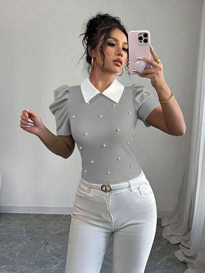 Elenzga Elegant Daily Wear Collared Black & White Contrast Bubble Beaded Fitted Women T-Shirt