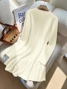 Franclia New Autumn/Winter French Style Waist Cinched Mermaid Hem Knit Dress - Cream - View 2