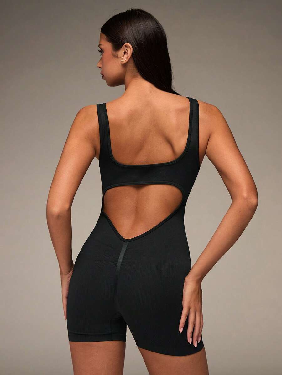 SHEIN BAE 女式运动健身连体衣，舞蹈修身瑜伽服，健身房女装 - 黑色 - 查看 1