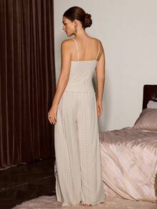 Slumberist 3件套女士3D立体花卉拼接睡袍和吊带背心，开衩裤针织提花睡衣套装，冬季服装 - 杏色 - 查看 6